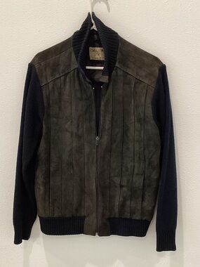 Claxton Men's Brown Suede & Navy Knit Bomber Jacket